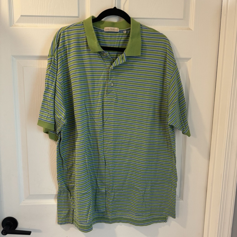 James Tattersall Green Blue & White Stripes Short Sleeve Polo Shirt Size XL